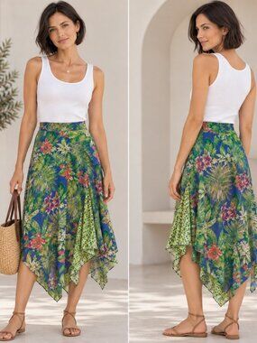 Sarah Arizona Women’s Floral Handkerchief Hem Midi Skirt Green Orange Size S